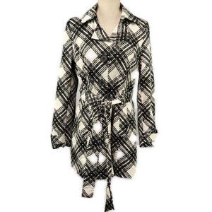 Luii Trench Coat Jacket Womens Size Medium Black White Belted Button Up Light